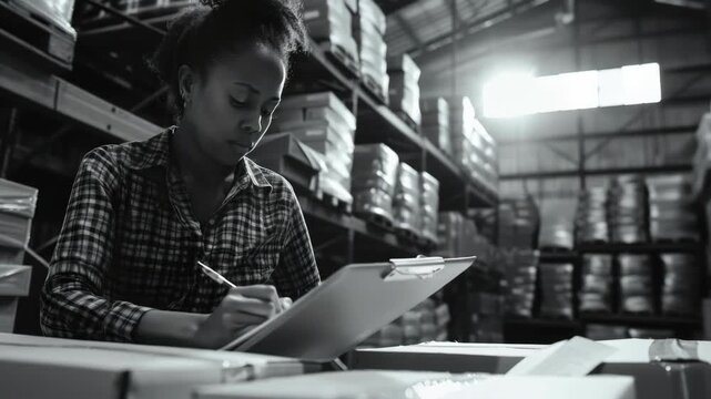 A woman is sitting at a desk and writing on a piece of paper in an industrial setting.