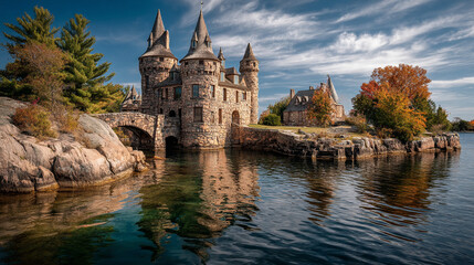 Obraz premium Majestic fairytale stone castle on the water with a stone bridge and reflection