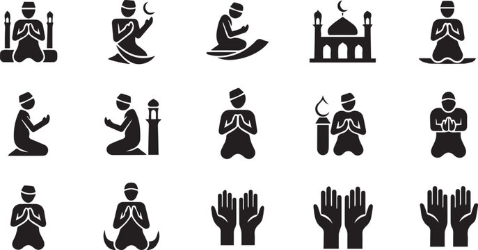 Islamic Prayer Icon Set Featuring Muslim Men in Dua, Hands Raised for Supplication, and Mosque Silhouettes