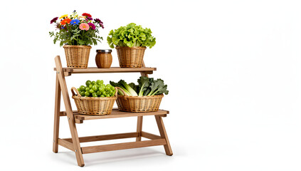 Garden Shelf Showcase: A tiered wooden shelf displays a vibrant collection of natural elements, including blooming flowers, fresh greens, and a jar. A perfect setting to show fresh products