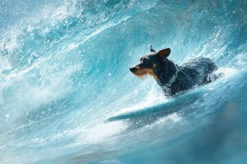  dog surfing on big wave in ocean with copy space
