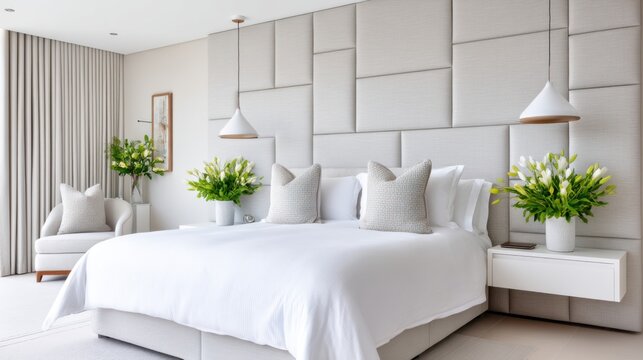 Luxury modern bedroom, feature wall made of upholstered rectangular fabric panels in soft grey, integrated reading lights, crisp hotel style bedding