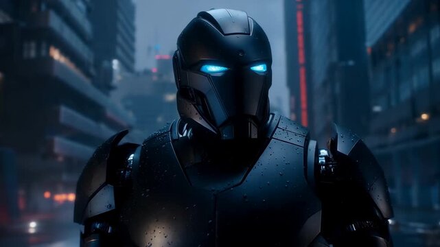 Cybernetic Sentinel: A futuristic warrior, clad in sleek black armor, stands amidst the neon-lit cityscape, his glowing blue eyes reflecting a sense of vigilant readiness and technological prowess.
