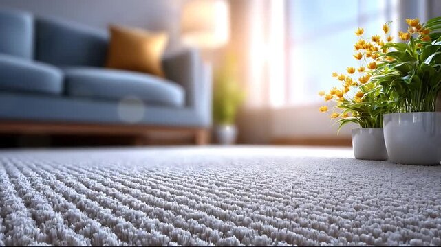 A carpeted floor with potted plants near a sofa in a bright living room interior