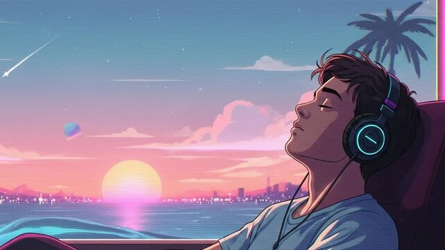 Young Man Listening to Music in Lofi Animated Loop with Copy Space