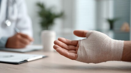 close up of bandaged hand on the table in hospital, doctor on the background, medicine and healthcare concept
