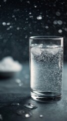 close up of glass with ice cubes and carbonated water on dark background