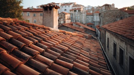close up of brown ceramic tile roofs in mediaeval old town