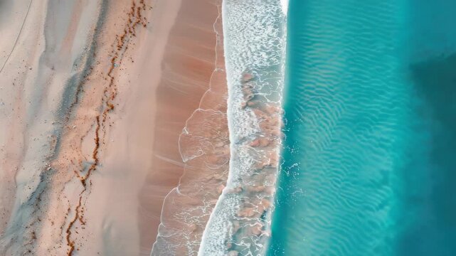 A beautiful panoramic showcasing the ocean's edge during a sunrise or sunset, featuring vibrant colors of pink, orange, blue, and white.
