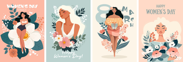 Beautiful trendy set of greeting cards for 8 March. International Women's Day. Stylish flat graphics and original design © Nadin_Koryukova