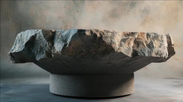 A large stone tabletop with rugged texture set against a mist-filled background.
