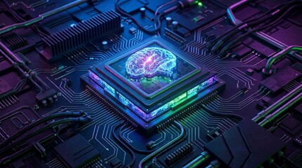 A futuristic microchip with a glowing brain on a circuit board with neon lights and wires