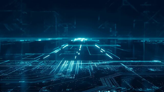 Futuristic digital landscape with glowing circuit patterns and data flow. Represents technology, innovation, and the future of connectivity