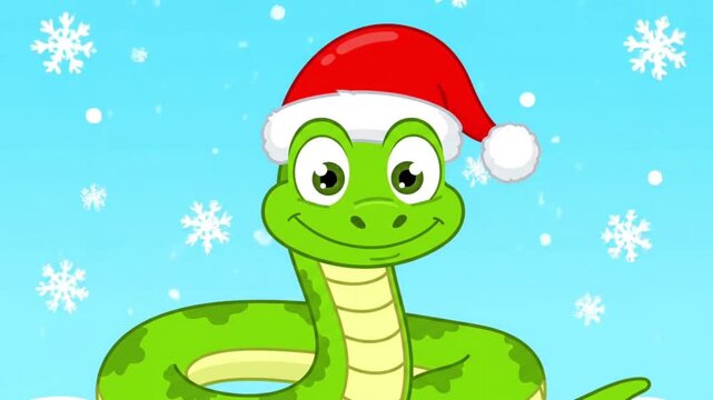 Cute Cartoon Green Snake Wearing Santa Hat in Winter Snow