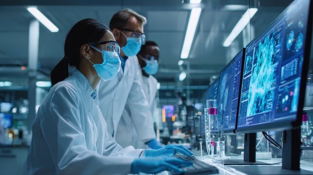 High resolution stock photo of laboratory research team analyzing virus data on digital screens, modern lab equipment, safety protocols, futuristic medical science environment, clean composition.