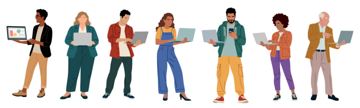 Set of diverse people standing using laptops and mobile devices, ideal for technology, business, and modern work concepts. Flat minimalist vector illustration isolated on transparent background