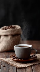 Cup of coffee with coffee beans with copy space