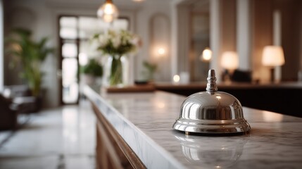 Close-up of a shiny silver hotel bell on a marble reception desk, elegant lobby in the background with copy space