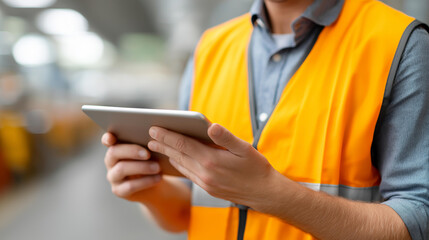 Faceless engineer in safety vest reviews real-time performance data on tablet amidst industrial setting of busy factory, digital manufacturing monitoring, defocused person, with co