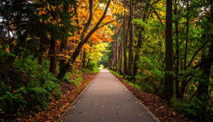 Obraz premium Autumn forest path with trees foliage.