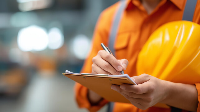 Faceless supervisor doing quality control and production check in factory, manufacturing oversight, industrial inspection work, production monitoring, defocused person, with copy s