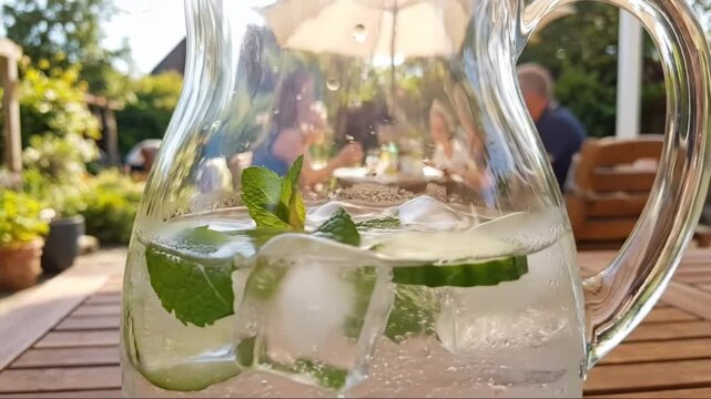 Refreshing cucumber mint water in a pitcher on a sunny day.