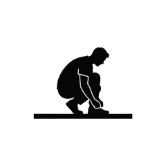Obraz premium Black silhouette of man tying shoelace. Crouching person fixing shoe vector icon. Male runner preparing for sport isolated glyph illustration