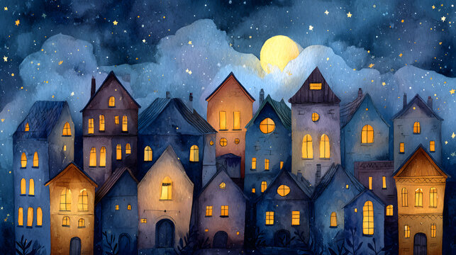 Night Watercolor Village &ndash; Cozy Cottagecore Illustration.