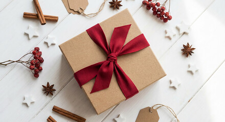 A gift box on a white table with spices and winter decorations, perfect for Christmas greetings and holiday celebration plans