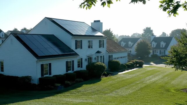 Solar panels on suburban house roof generate energy. Residential home with solar technology in neighborhood. House uses renewable solar power. Green lawn surrounds solar home in suburb.