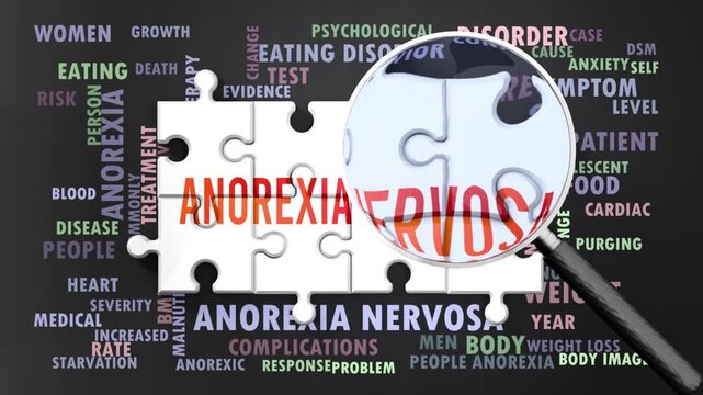 Anorexia Nervosa under magnifying glass, being researched, studied and examined. Most important subjects and ideas closely related to anorexia nervosa written around a puzzle.Can be looped.