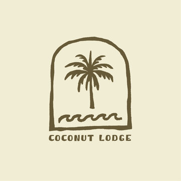 Coconut lodge retro handdrawn vector logo illustration surfer surfing on beach club ocean summer.