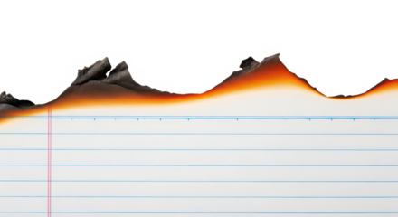 Torn edge of lined paper with ripped orange and black border isolated on transparent background