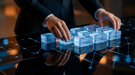 Hands Arranging Futuristic Digital Blocks on a Glowing Interactive Surface.