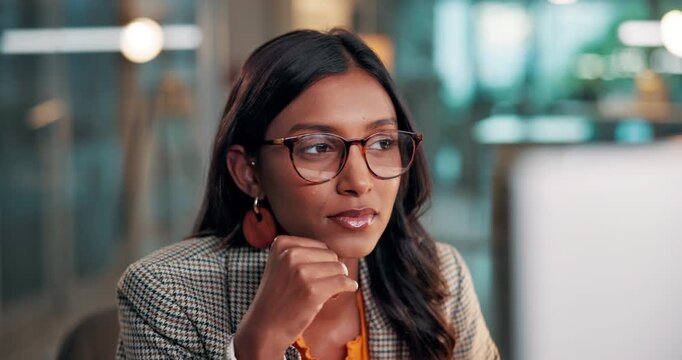 Reading, computer or woman in office with thinking, draft edit or source feedback for article. Bokeh, glasses or Indian journalist in agency with tech, reflection or industry research for publication