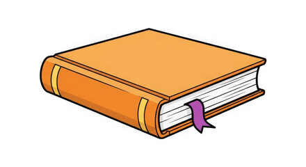 A cartoon illustration of an orange hardcover book with a purple bookmark isolated on transparent background