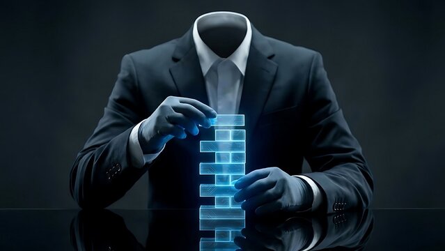 Invisible Businessman Building Futuristic Digital Structure with Glowing Blocks.