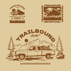 Obraz premium Vintage custom truck trail bike motorcycle track day illustration landscape nature mountain national park. Retro outdoor adventure apparel design