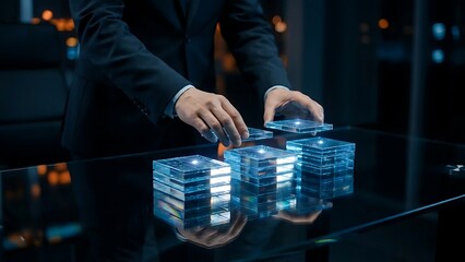Man Interacting with Futuristic Holographic Data Cubes in a Server Room.
