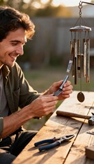 Man assembling a metallic wind chime with tools on a rustic wooden table