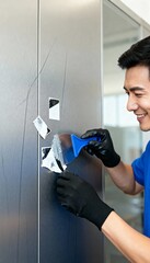 Smiling man in black gloves carefully applies protective film to metallic surface