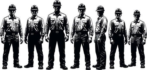 Fototapeta premium Industrial worker silhouettes wearing safety helmets, construction labor team lineup, factory workforce illustration, professional manual workers concept set