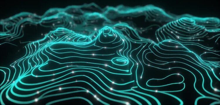 Abstract Topographic Map with Glowing Cyan Lines and White Particles Keywords: abstract, topographic, map, lines, contours, glowing, cyan, turquoise, blue, white, particles, dots, lights, network