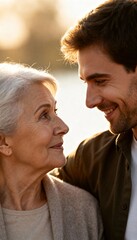 Gentle gaze between an elder woman and a young man bathed in warm light