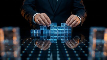 Building Blocks of Success - Businessman Assembling Digital Structure.