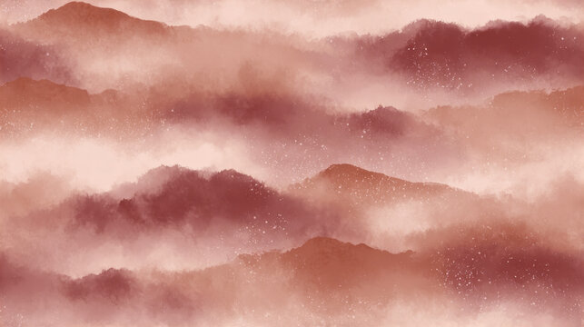 Soft watercolor landscape with layered terracotta and blush mountains in misty atmosphere, abstract desert hills and clouds creating a calm dreamy background