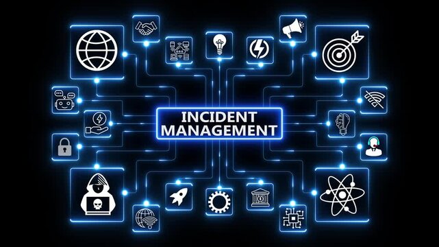 Incident Management in business tech involves swiftly diagnosing and resolving unexpected issues. A businessman uses a laptop with a virtual incident management icon.,4k animation video
