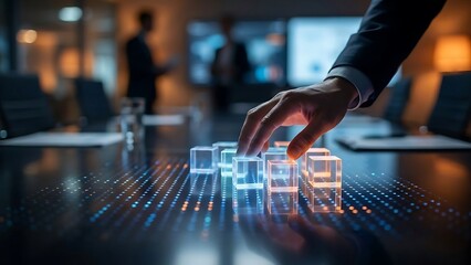Business professional interacting with glowing digital cubes in a modern office setting.