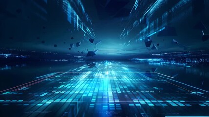 Futuristic digital landscape with glowing blue grids and floating geometric shapes. Represents advanced technology and data visualization in a virtual environment - Powered by Adobe