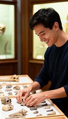 Young man smiles while examining artifacts displayed in a museum